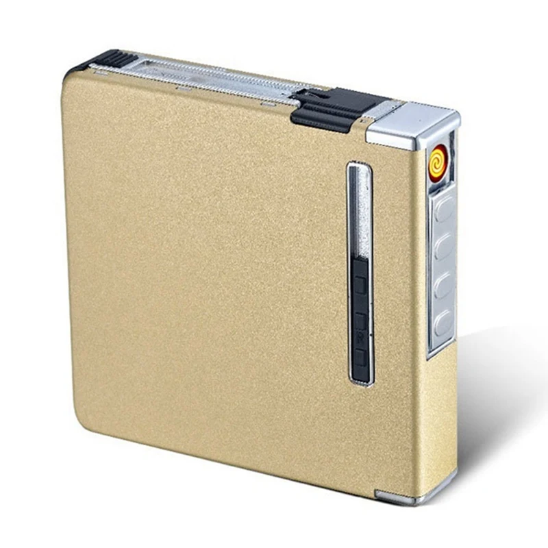 Gold Тонкий Алюминиевый металлический Автоматический чехол для сигарет с USB перезаряжаемой ветрозащитной зажигалкой может вместить 20 сигарет - Цвет: Gold