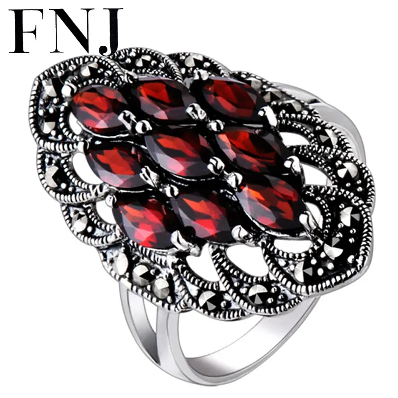 

FNJ MARCASITE Ring 925 Silver Red Green Blue Black Zircon Original S925 Sterling Silver Rings for Women Jewelry Adjustable Size