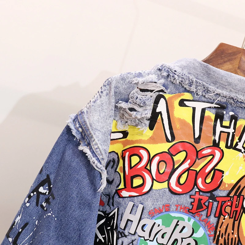 Модная Джинсовая куртка в стиле хип-хоп с аппликацией граффити для женщин; сезон осень; джинсовые куртки с эффектом стирки; Повседневная Уличная одежда в стиле унисекс