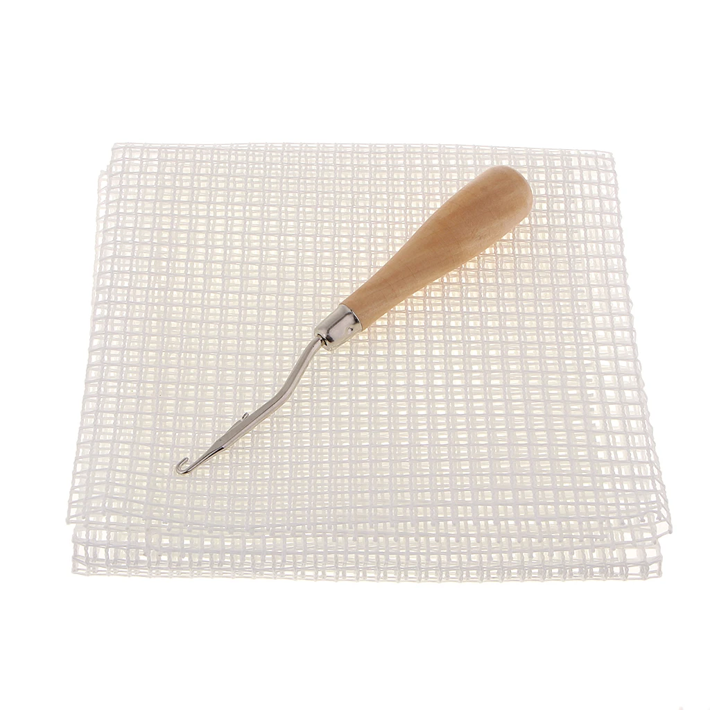 Blank White Canvas Mesh & Wood Handle Bent Latch Hook Rug Tapestry DIY Tool Kit