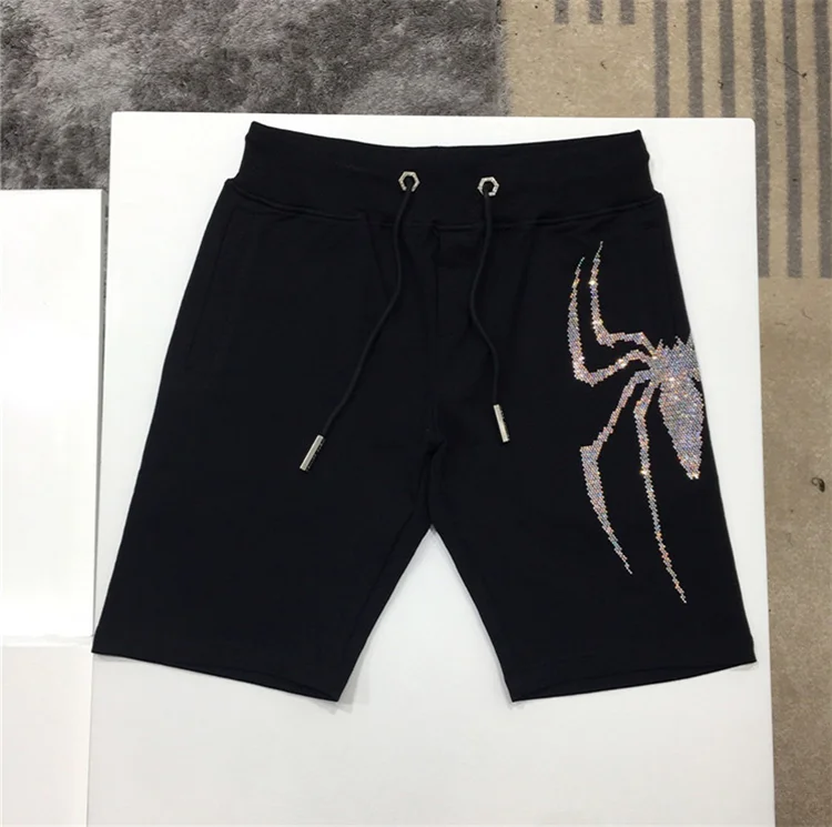 Hip Hop Shorts Men Summer Spider Rhinestones Mens Shorts Straight Comfortable Drawstring Casual