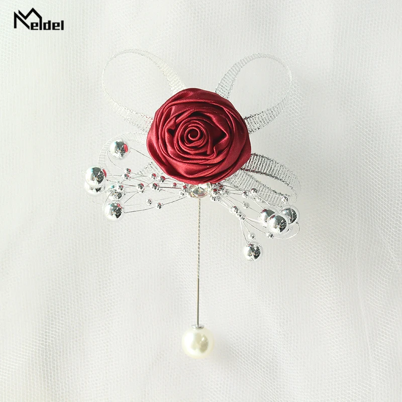 Meldel Artificial Pearl Brooch Wedding Corsage Pin Flowers Silk Roses Boutonniere Men Mariage Corsages and Boutonnieres |