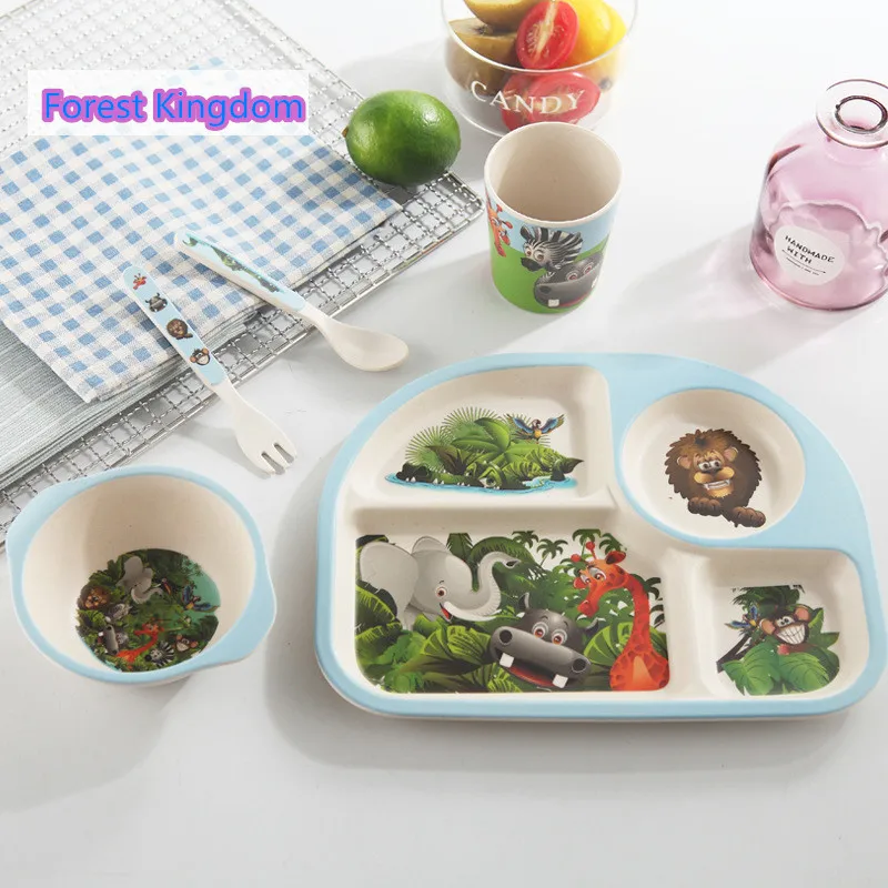 Forest Kingdom Blue 5 шт./компл. Детские кормушки милые бамбуковое волокно Еда контейнер, безопасная посуда для детей Младенческая Столовая посуда тарелка для малыша поднос еды - Цвет: Forest Kingdom Blue