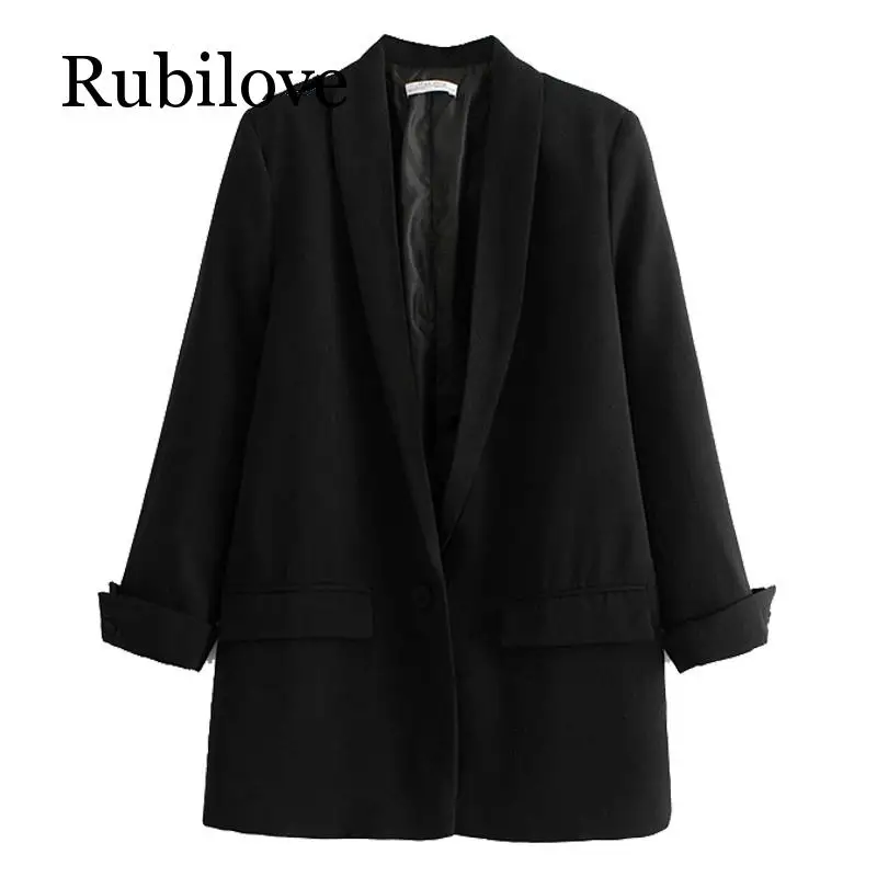 

Rubilove Women Solid Color Long Blazer Jacket Pleated Sleeve Loose Coat Office Lady Work Style Small Suit Single Button Blazer