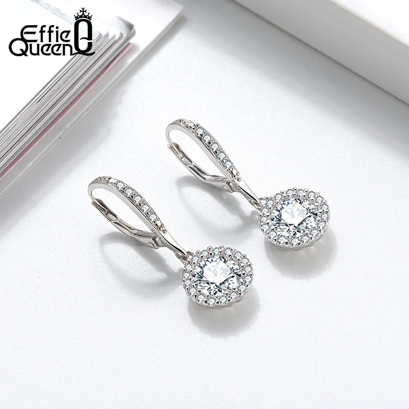 Effie queen, роскошные обручальные серьги, 925 пробы, серебро, с круглым большим кристаллом, AAAA, циркониевые серьги, Женские Ювелирные изделия, подарок BE243