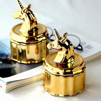

Nordic style electroplated golden ceramic unicorn jewelry box ring necklace small jewelry storage box can be customized LOGO