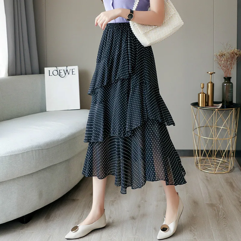 New Fishtail Half-length Wave Point Chiffon Dot Pressure Zouzhong Long Skirt Female Slim Skirt
