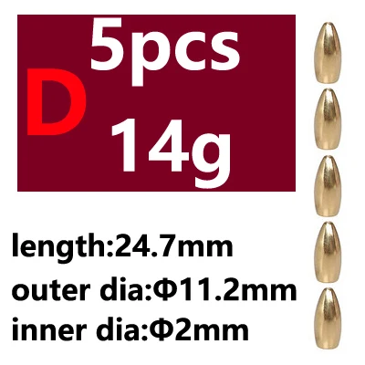 5pcs Saltwater Fishing Bullet Shape Copper Weights Metal Jig Head Deep Water Sinkers For Hook Lure Texas Rig Tackle Accessories - Цвет: 5pcs D type 14g