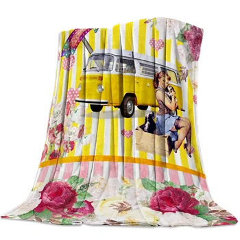 

Retro Girl Farm Sunflower Pickup Printed Flannel Blanket Soft Throw Blanket Machine Washable Blankets for Beds