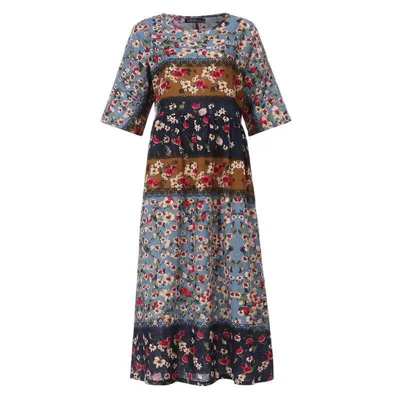 Vintage Women's Printed Maxi Dress ZANZEA Autumn Sundress Casual 3/4 Sleeve Linen Vestidos Patchwork Robe Plus Size S-5XL