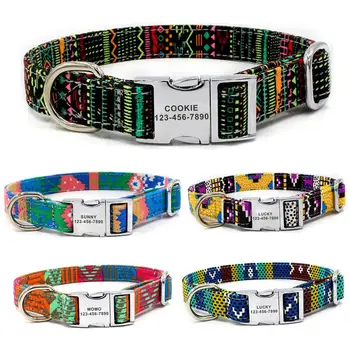 

Dog Collar Personalized Custom Bohemia Canvas Puppy Cat Name ID Tag Adjustable Basic Collars Leads Learsh Set Pet Accessory