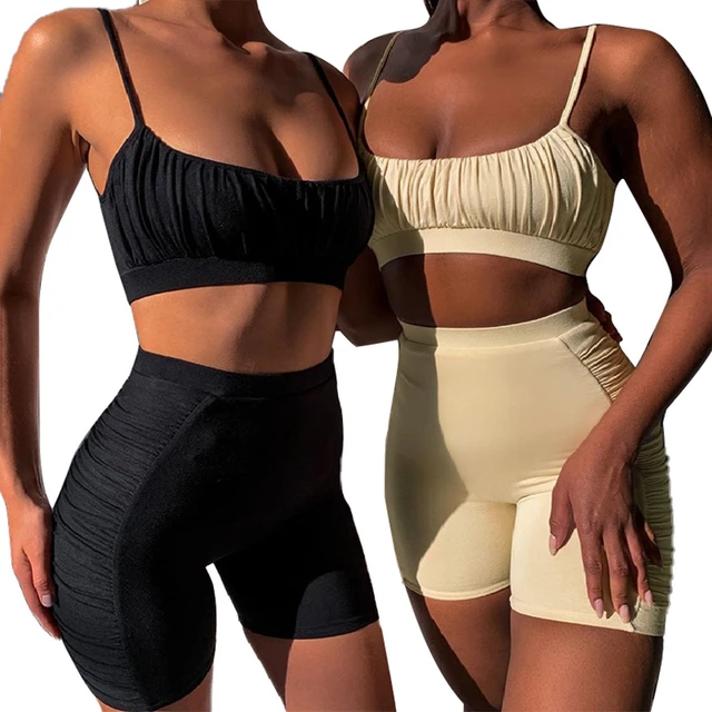 2020 Female Women 2PCS Tracksuit Clothes Set Summer GYM Casual Solid Outfit Top Crop Vest High Waist Shorts Costume Clothing 4