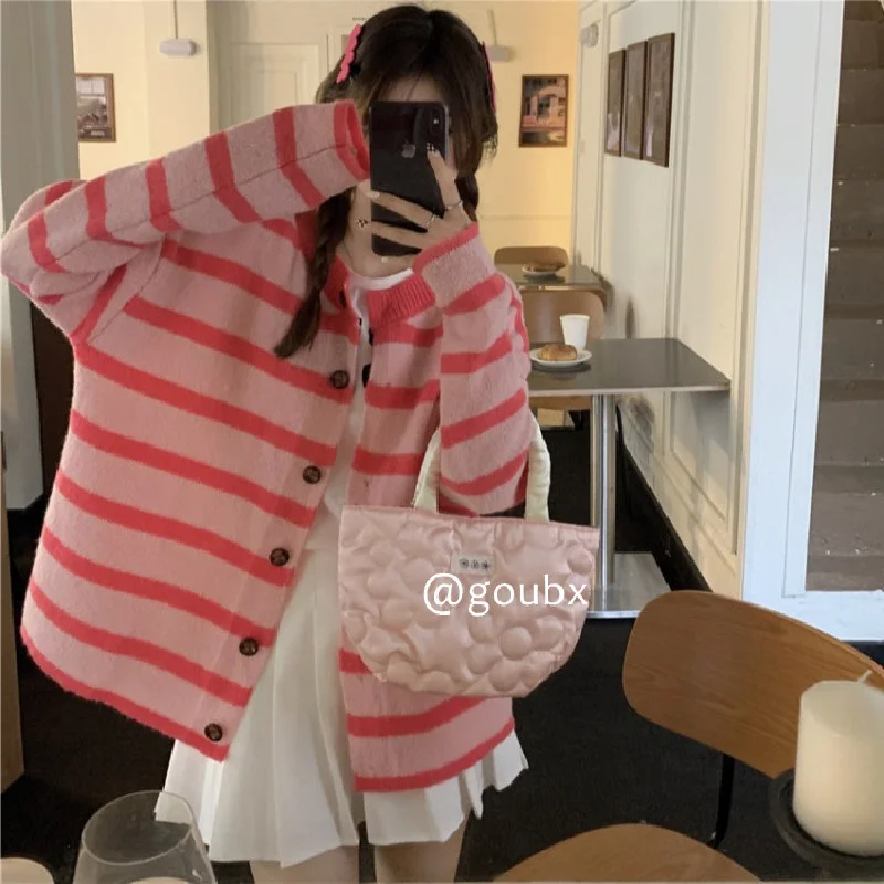 2021 New Autumn Pink Knitted Striped Cardigan Sweater Women's Retro Gentle Long Sleeves Top |