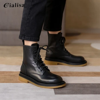 

CIALISA Women Shoe Genuine Leather Lace Up Mid Heel Round Toe Boot 2020 Fashion New Design High Quality Black Ankle Boots