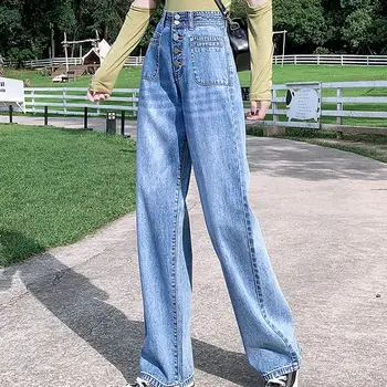 

Women High Waist Straight Denim Jeans Ladies Single Breasted Trousers Jeans Vintage Blue Korean Autumn Girls Long Pants