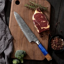 

Damascus chef knife blue resin handle blade natural grain sharp edge hardness is high unique shape