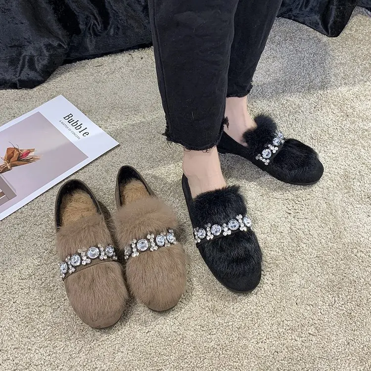 

Shallow Mouth Women Loafers Fur Shoes Woman Flats Round Toe Casual Female Sneakers Dress New Winter Flock Basic Fabric Lace-Up