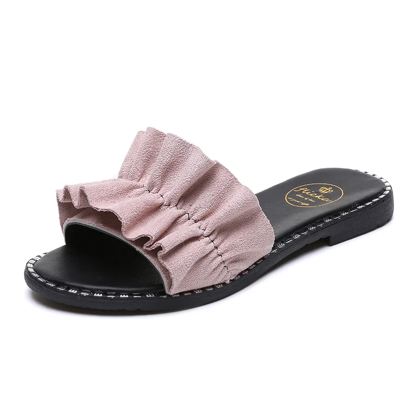 

Summer Solid Flock Ruffle Slippers Women Shoes Woman Mules Slides Peep Toe Rivet Low Heels Nice Beach Slippers Ladies Shoes