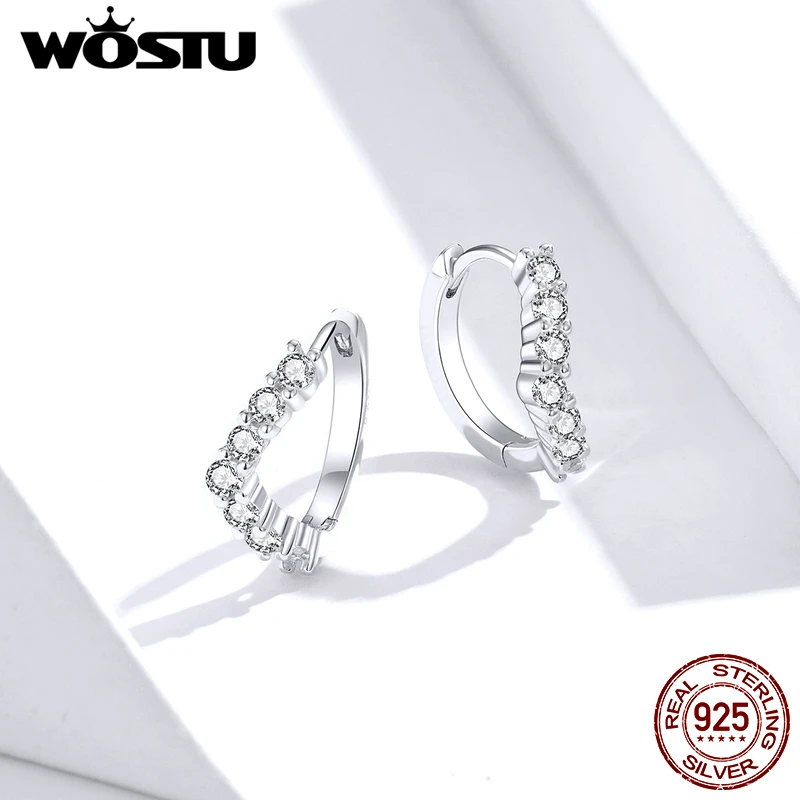 

WOSTU Real 925 Sterling Silver V-shaped Hoop Earrings Small Cartilage Piercing Zircon Earrings For Women Simple Jewelry FIE844