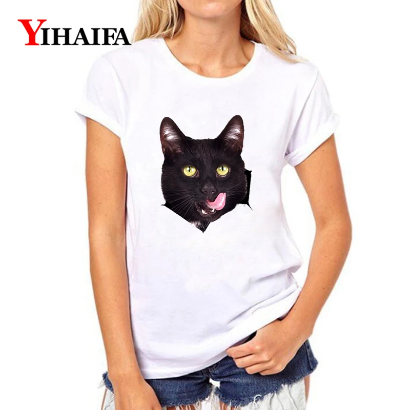 

YIHAIFA Casual suit gym Women T-shirt Hungry Cat Print Graphics Tee Short sleeve White T Shirts Pullover Tops
