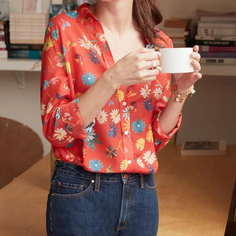 

Daisy Print Shirt Women Casual Sweet Floral Long Sleeve Blouse Vintage Fashion Office Lady Loose Top