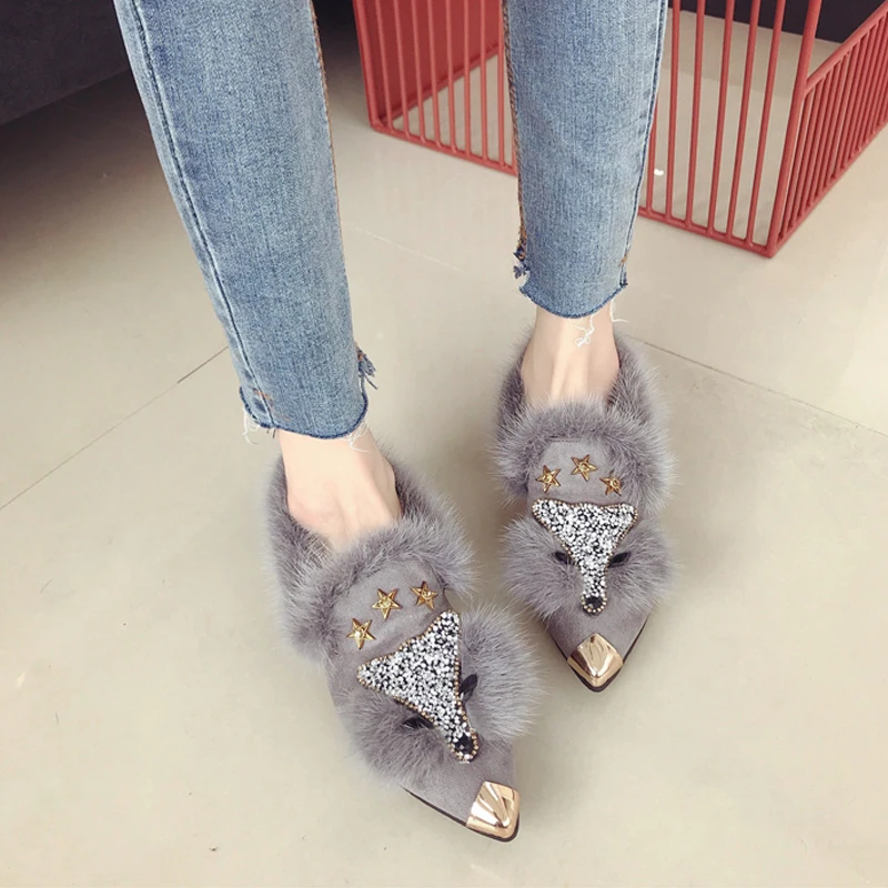 

Winter Designer Women Faux Fur Fox Shape Flats Brand Female Lovely Warm Stars Rhinestone Shoes Brand Soft Metal Decoration Shoes