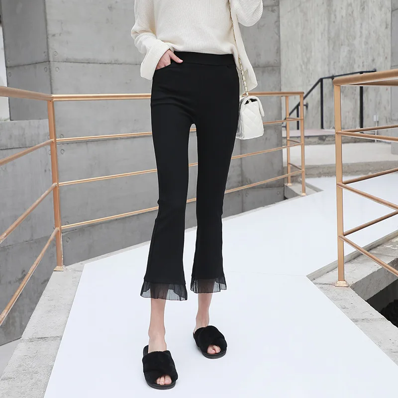 Stretch High Waist Lace Splicing Pants 2021 Fashion Elegant Slim Flared Pants Women's Black Casual Tight Trousers Capris Pants new black jeans stretch tight jeans women s denim pant for girls female high waist jeans trousers boyfriend jeans for women