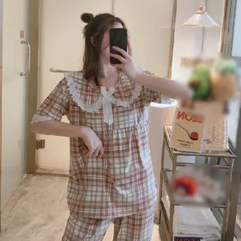 

Summer Cute Printed Underwear Short-sleeved Cropped Pants Home Pajamas Loose Doll Collar Pajamas Two-piece Suits