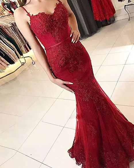 Paghetti Strap Mermaid Evening Dress Sweetheart  Vestido de noiva Zipper or Lace Up Summer Dress High Quality Lace Party Gowns Burgundy