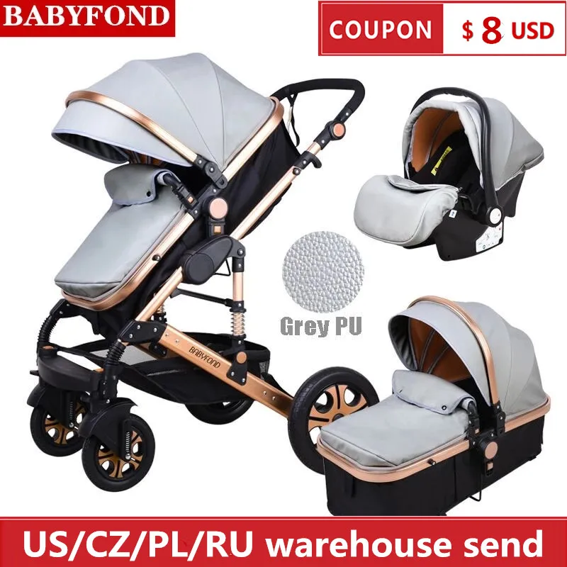 Babyfond High Landscape Baby Stroller 3 in 1 Carriage Pu Leather Aluminum Alloy Frame Pram EU Stand 