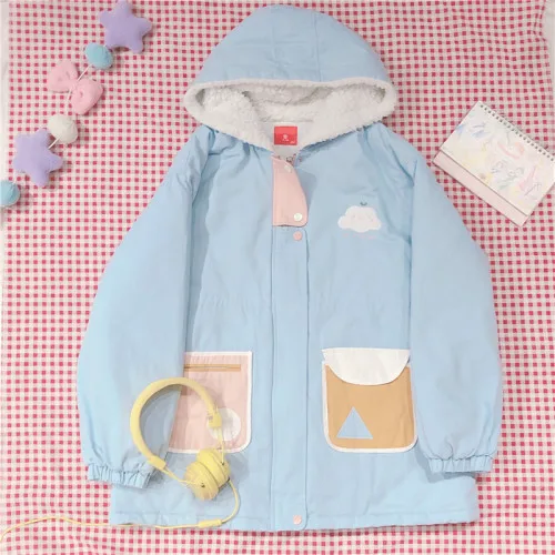 blue Neploe японский Harajuku женские парки забавное облако вышивка пальто с капюшоном контрастный цвет карман консервативный стиль зимняя куртка 56885 - Цвет: blue