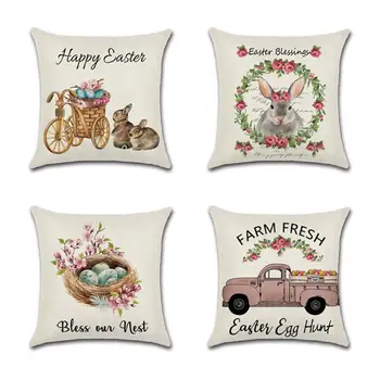 

4 Pieces Pillow Case Easter Theme Bunny / Floral Pillow Cover Cotton Linen Sofa Cushion Cover