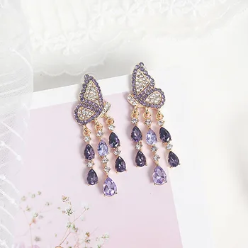 

MWSONYA Fashion Cute Korean Luxury Purple Butterfly Shiny Rhienstone Tassel Dangle Earrings for Women Waterdrop Party Jewelry
