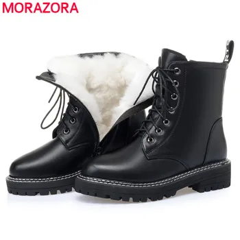 

MORAZORA Plus size 35-43 Genuine leather snow boots women zip nature wool warm winter boots female lace up fashion ankle boots