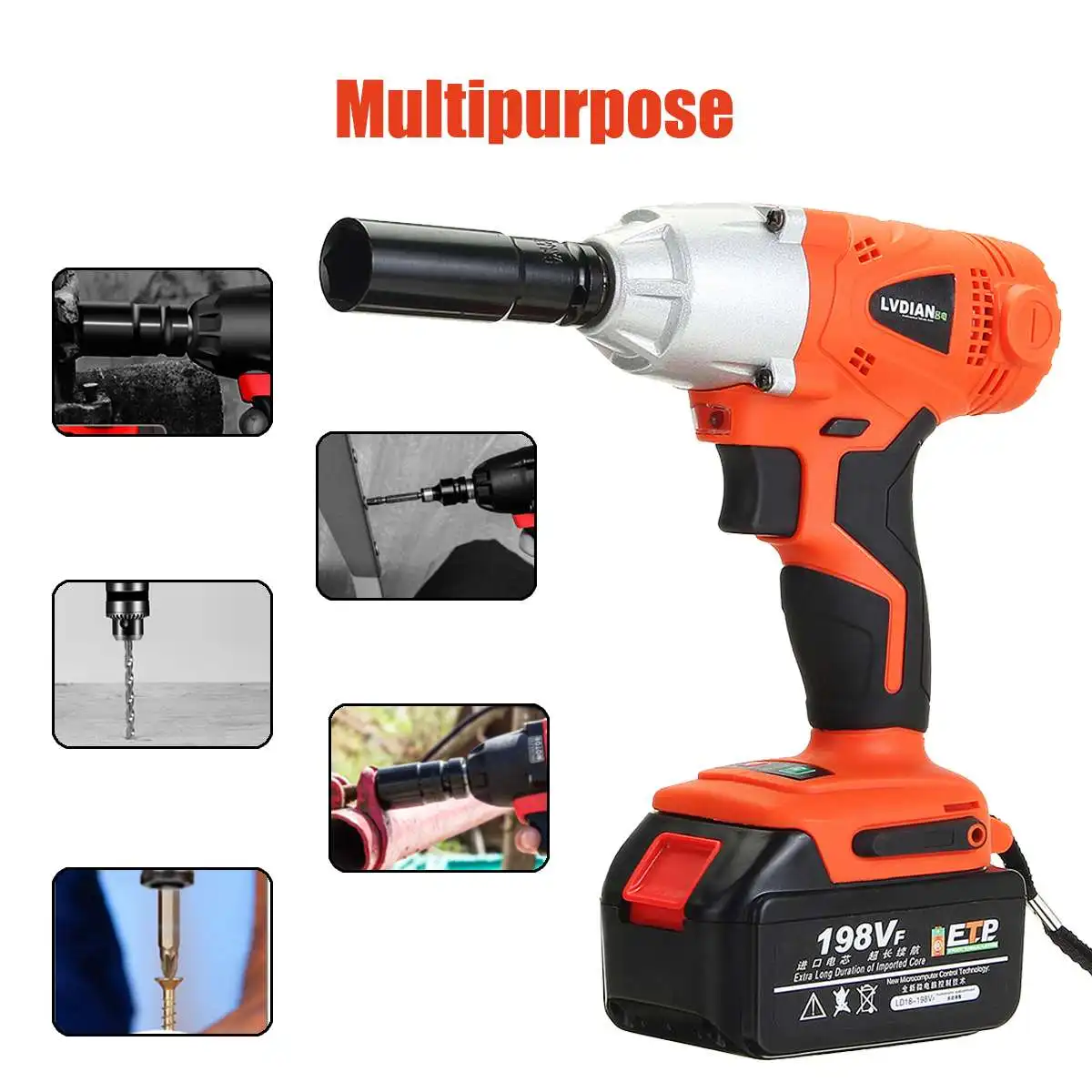 198VF Cordless Electric Impact Wrench Socket 380N.M Electric Brushless+ Rechargeable Lithium-Ion battery 110V 220V Tools