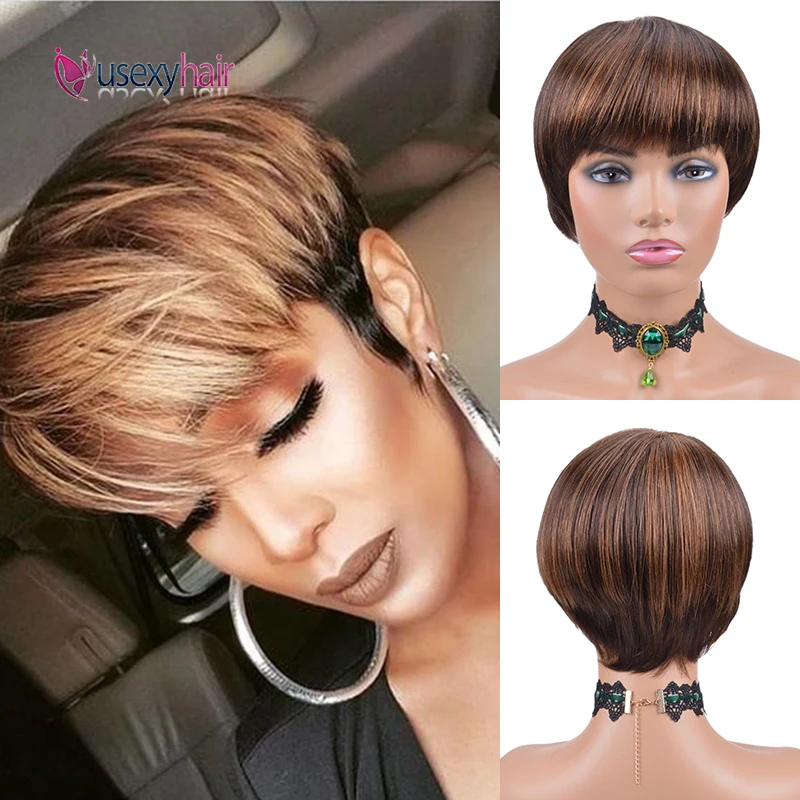 

Ombre Straight Bob Human Hair Wigs With Bangs 150% Density Brazilian Short Straight Wig Human Hair Pixie Cut Remy Wigs For Women