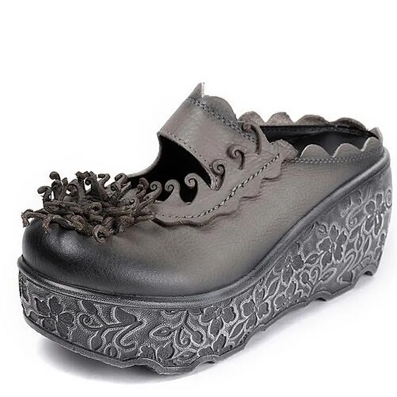 

2023 Round Head Breathable Cowhide Woven Shoes Woman Leather Slippers Sandals Increase Platform Wedges Slipper Summer Sandals