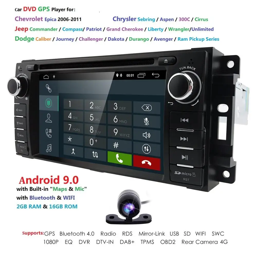 2G RAM 16G ROM Android 9.0 Car Stereo CD DVD Player for JEEP 1 DIN Car Radio 6.2''GPS Navigation RDS DSP WIFI 4G Bluetooth SWC
