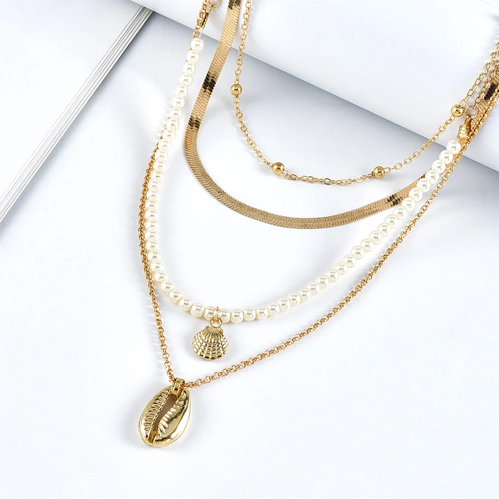 Colar com pingente de concha e pérolas douradas, corrente de cobra, colar feminino, novo, multinível, boho, vintage, presente, joia_voghion.com