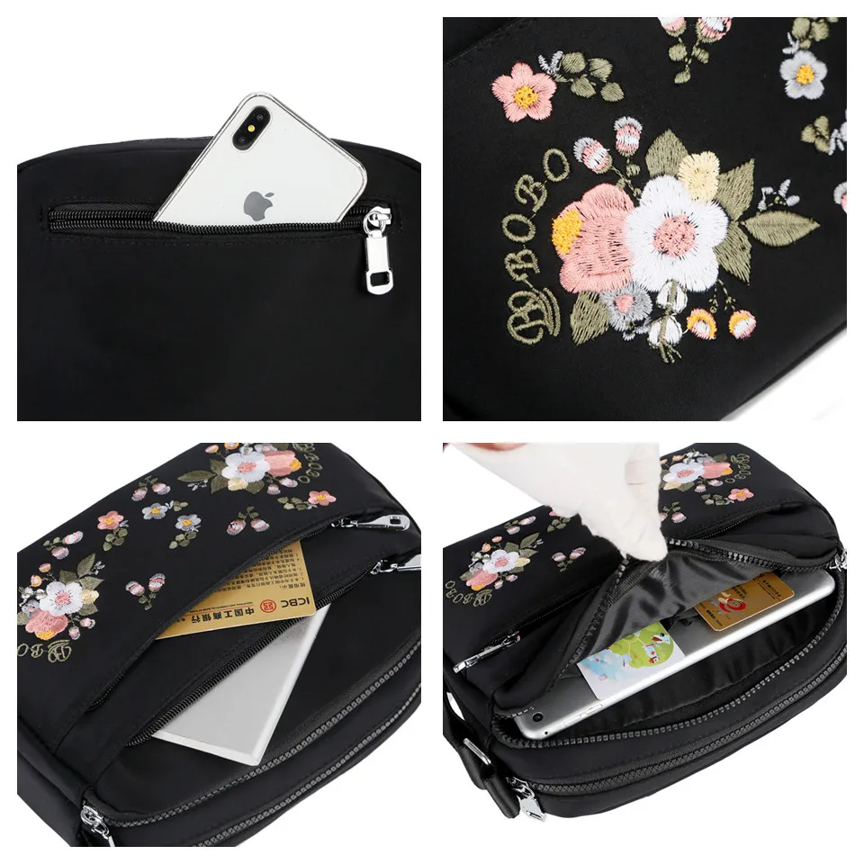 Luxury Brand Flower Shoulder Bag Women Small High Quality Nylon Tote Top-handle Travel Crossbody Bag Embroidery Messenger Bags