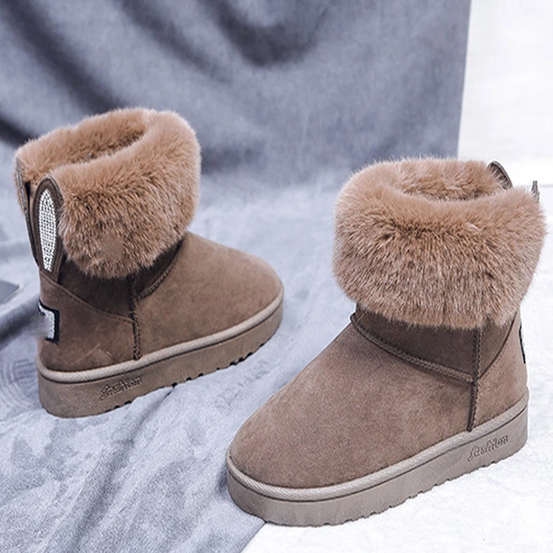 

2019 Women Snow Boots Winter Fur Ankle Boots Female Bowtie Warmer Plush Suede Rubber Flat Slip On Fashion Platform Ladies shoes