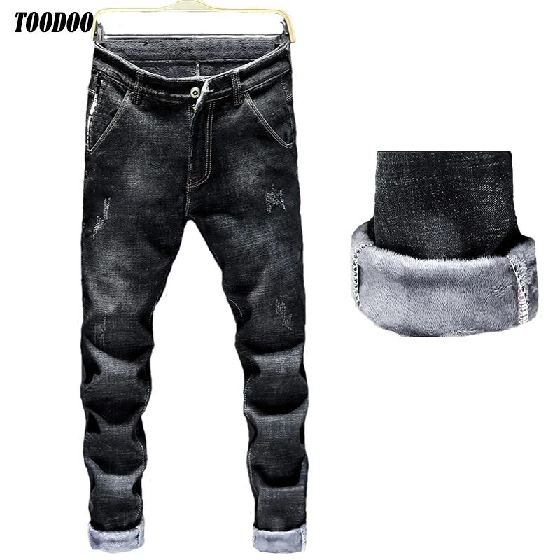 Новые облегающие теплые мужские джинсы Мягкая джинсовая ткань с микро флисом классические мужские джинсы для зимы и осени
