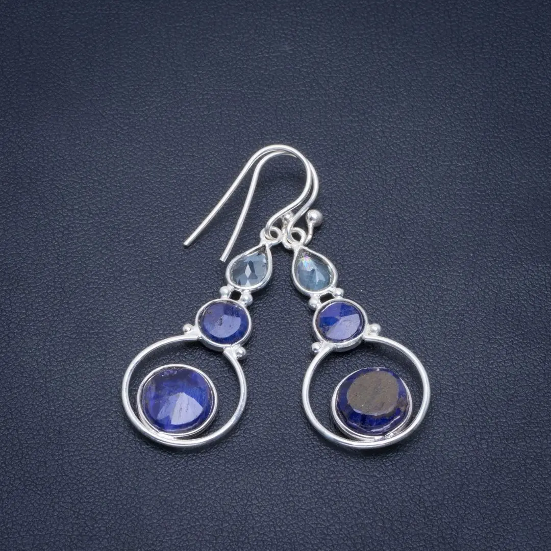 

Natural Sapphire and Blue Topaz Handmade Unique 925 Sterling Silver Earrings 1.75" B2886