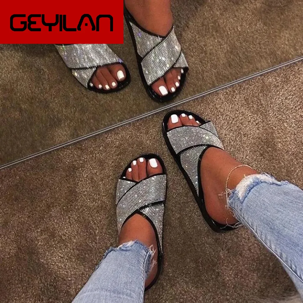 

Ladies Slippers sequin shoes women Slippers Flat Heel Casual Ladies Shoes Outdoor Female Slides Rhinestone half shoes for ladies