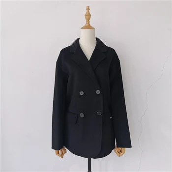 

New Women Coats 2020 High Quality Autumn Winter Black Double Breasted Woolen Coat