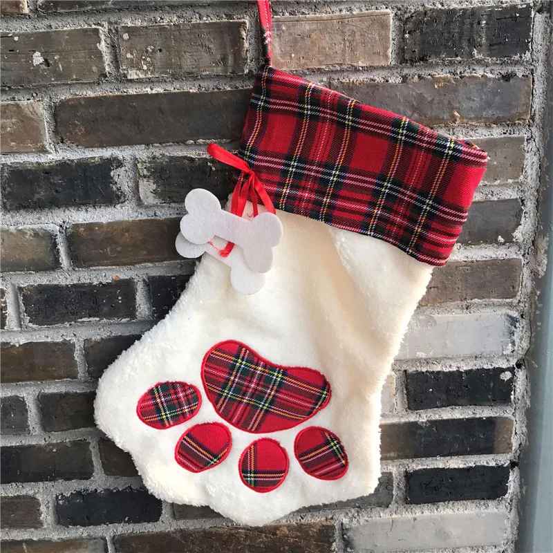 100 шт/партия, Рождественский чулок в клетку для собак, персонализированные носки "лапки", рождественские подарочные сумки, монограммовые чулок с животным