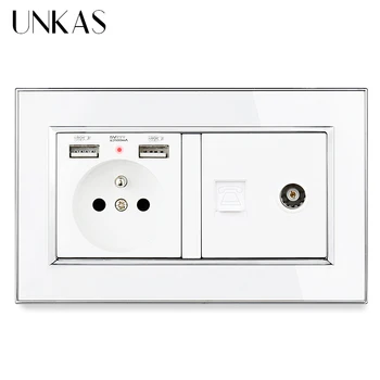 

UNKAS Luxury Mirror Acrylic Panel 16A French Socket 146mm * 86mm Dual USB Charge Port + RJ11 Telephone Female TV Jack Outlet