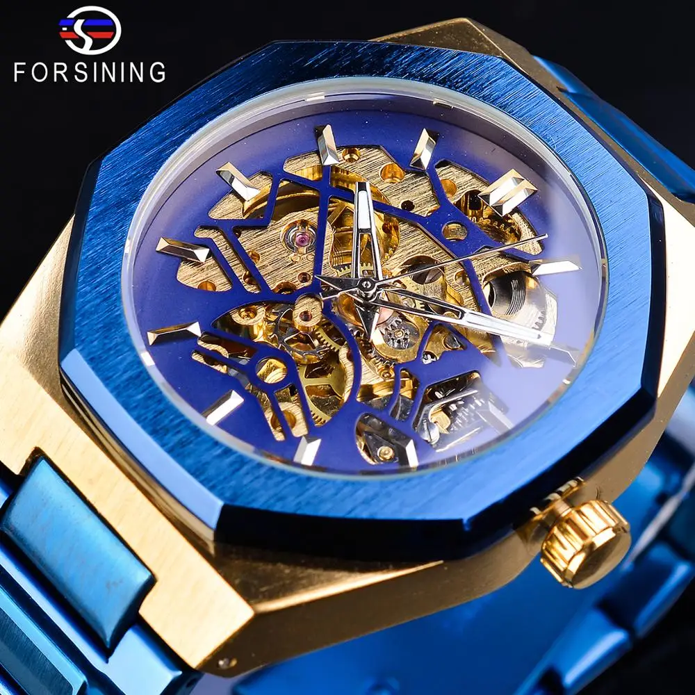 Forsining Скелет деловые мужские часы механические Автоматические Erkek Kol Saati водонепроницаемые модные синие мужские часы из нержавеющей стали