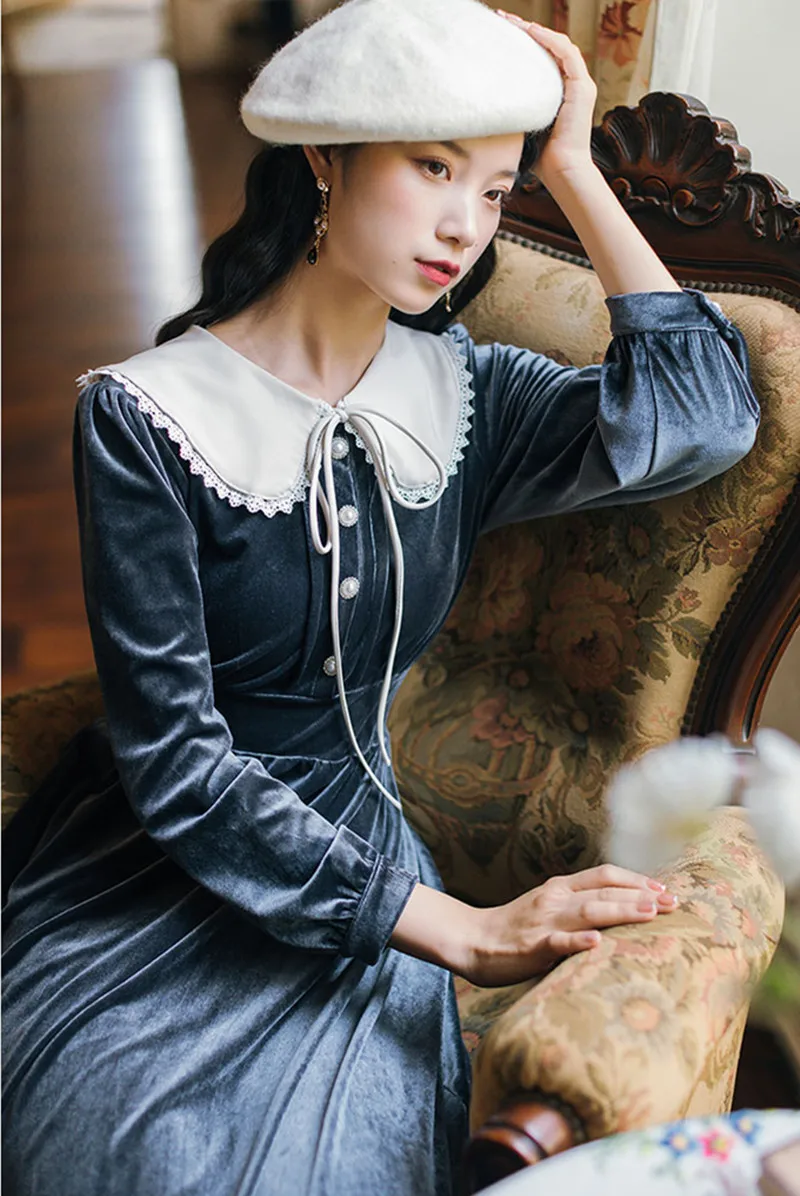 

Sweet Velvet Dress For Women 2020 Autumn Spring French Preppy Style Peter Pan Collar Casual Mori Girl Clothes Vestidos Elegantes