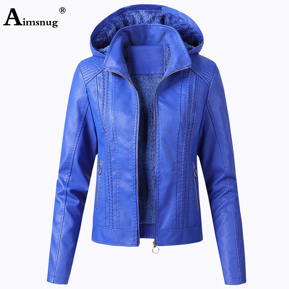 Women Faux Pu Leather Jackets 2021 Autumn Winter Hooded Outerwear Pockets Zipper Coat Slim Biker Jacket Blue Hoodies Plus Velvet women faux pu leather jackets 2022 autumn velvet coat pocket zipper outerwear slim biker jacket red black winter clothing